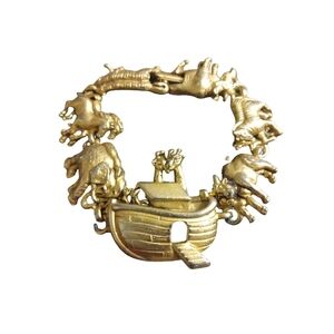 Noah's Ark AJC Signed Gold Toned Chunky Bracelet With Linked Animals Spiritual